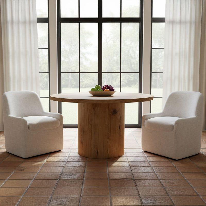 Pair of flecked oat rolling dining chairs with boxy seat and rounded armrests