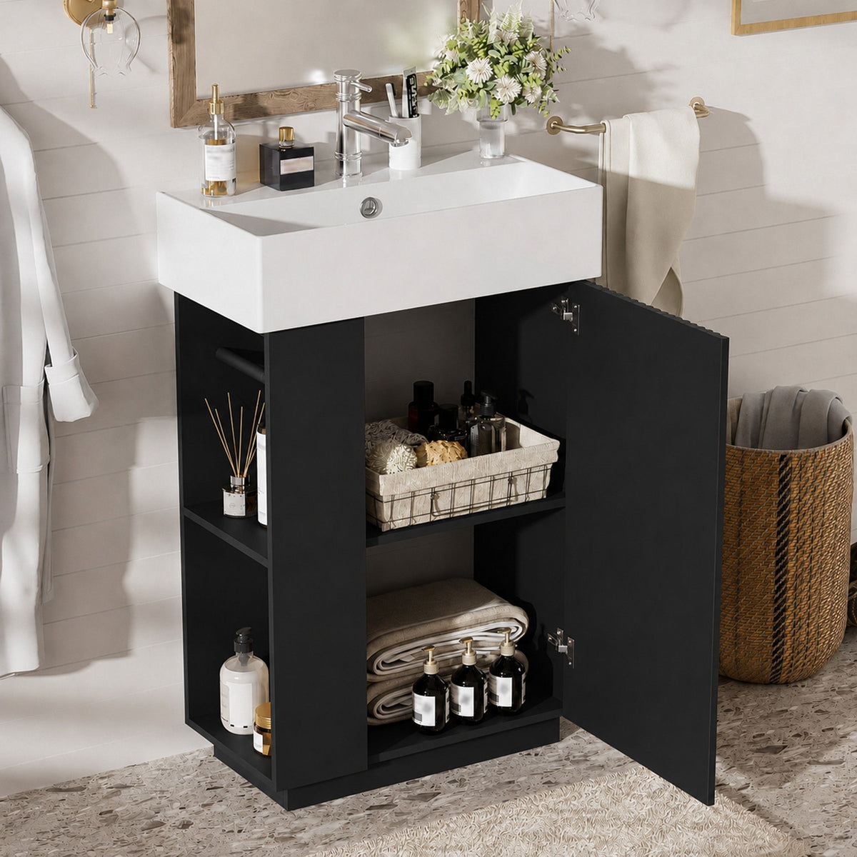 Freestanding bathroom vanity cabinet with sink, open storage shelves and black cabinet doors