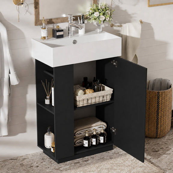 Freestanding bathroom vanity cabinet with sink, open storage shelves and black cabinet doors