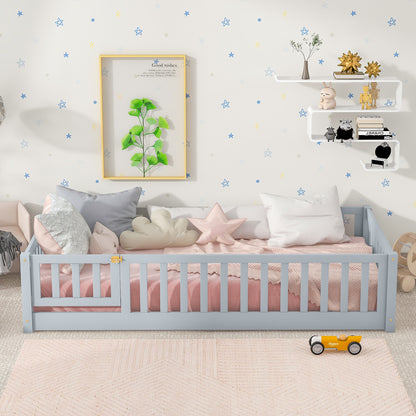 Twin Size Floor Bed with Fence and Door, Rubber Wood Floor Bed with Safety Guardrails, Grey