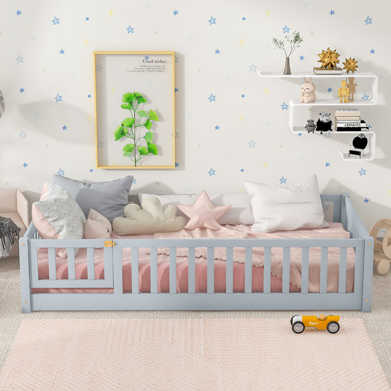Twin Size Floor Bed with Fence and Door, Rubber Wood Floor Bed with Safety Guardrails, Grey