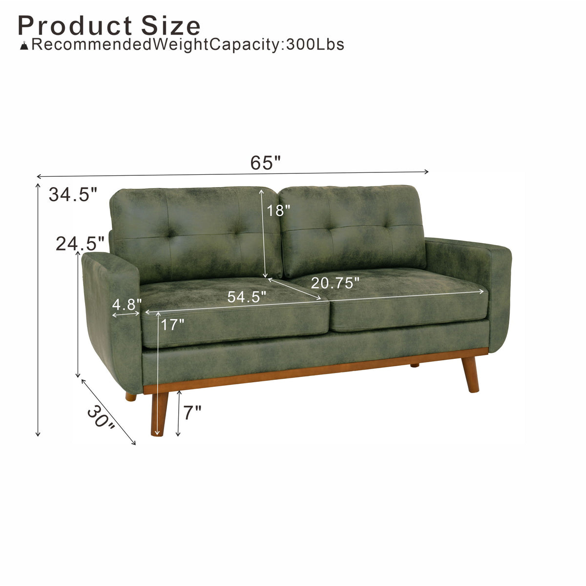 Dark green two-seat sofa with tufted back and dimension labels