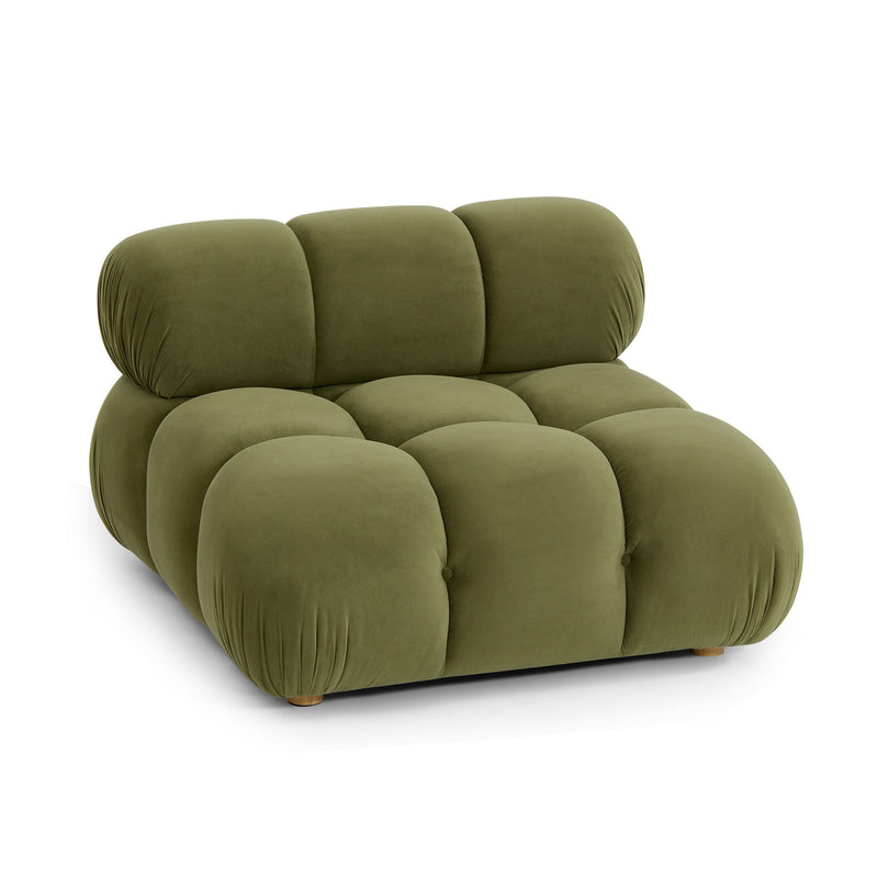 Olive green modular armless chair with three back cushions and plush seat pads