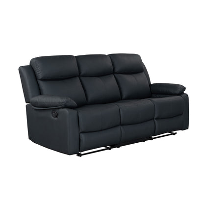 Black reclining loveseat sofa with segmented cushions and side control panel