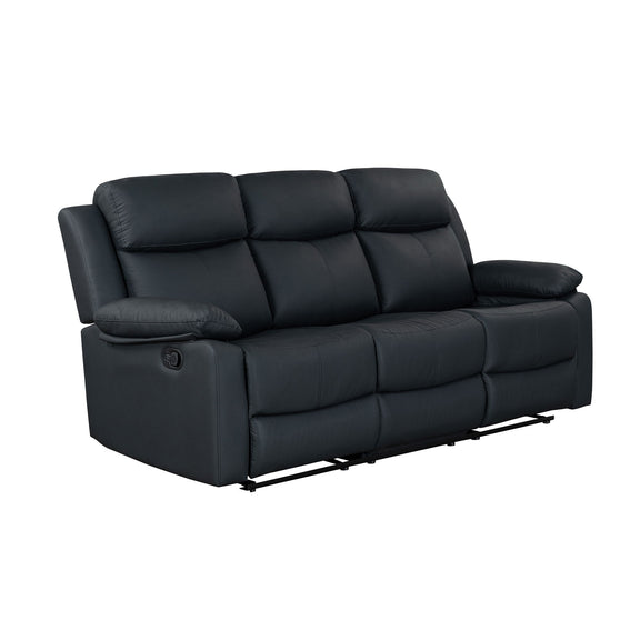 Black reclining loveseat sofa with segmented cushions and side control panel