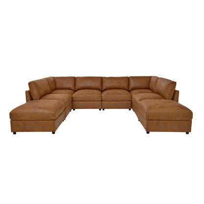 Dark brown sectional sofa with chaise-style ottomans and tufted cushions, U-shape layout