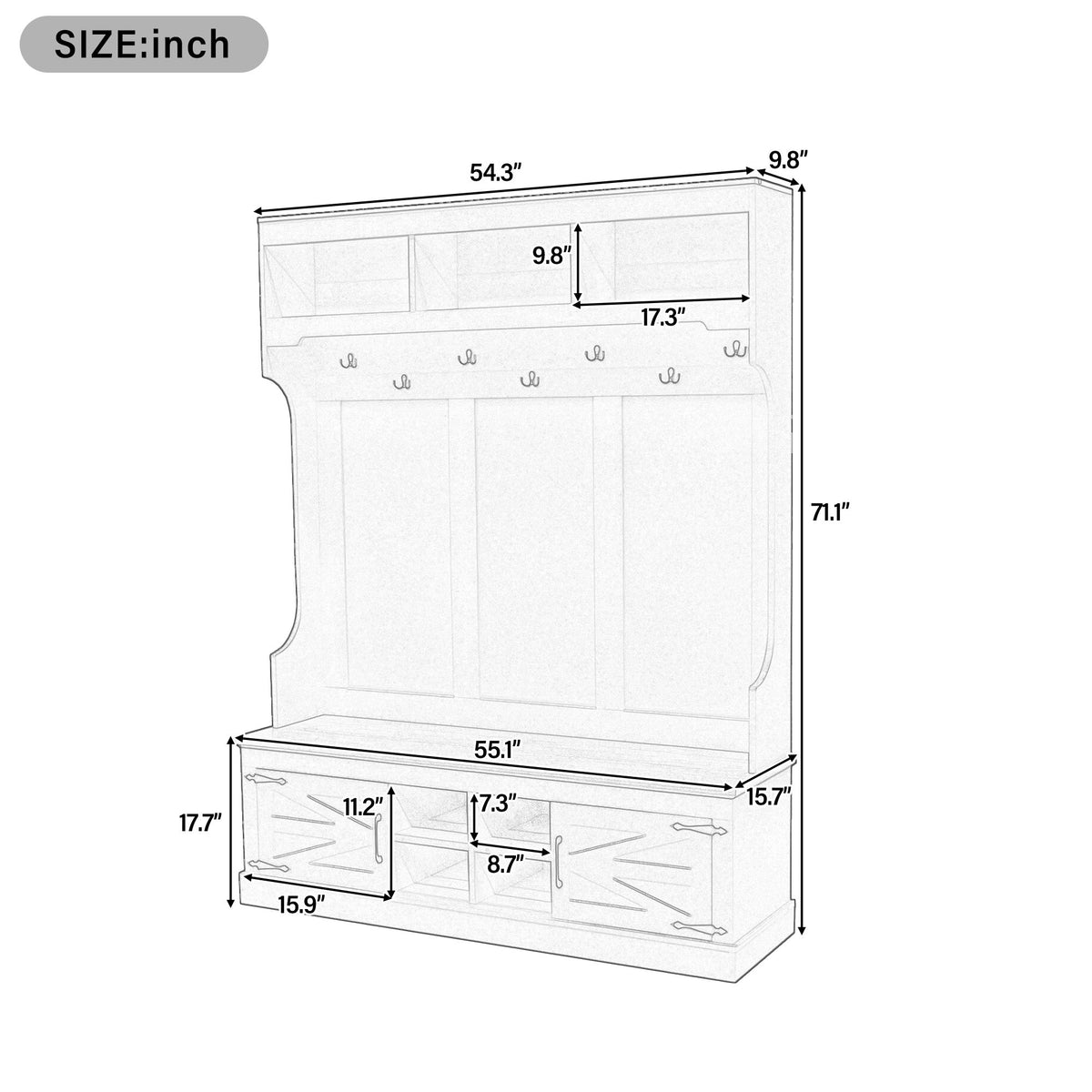 Hall tree size diagram with labeled dimensions in inches