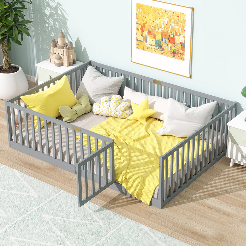 Full Size Floor Bed with High Fence Railings, with Door,6 Slats Included, Rubber Wood Floor Bed with Safety Guardrails, Grey