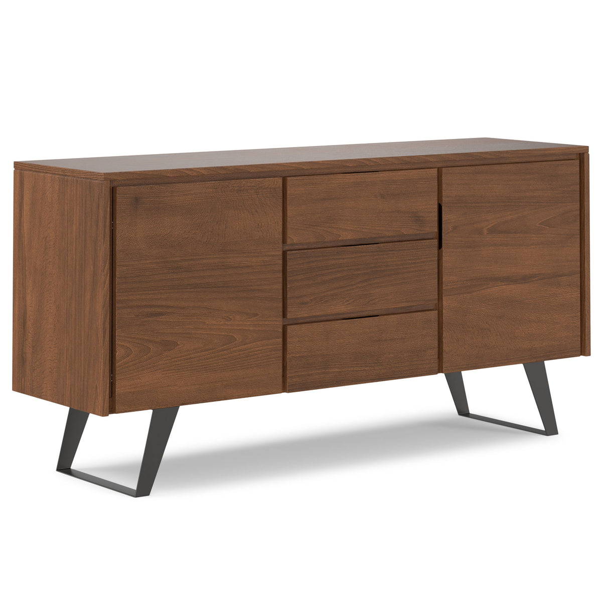 Warm brown wood sideboard buffet with cabinet doors, drawer center, angled metal legs