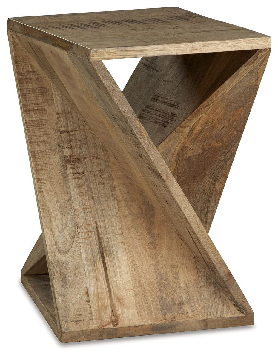Distressed brown accent table with X-style cross braces, square top