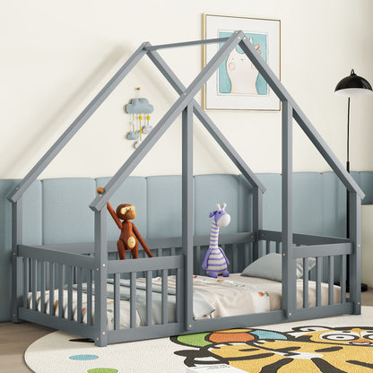Twin Wood House-Shaped Floor Bed with Fence, Guardrails, Grey