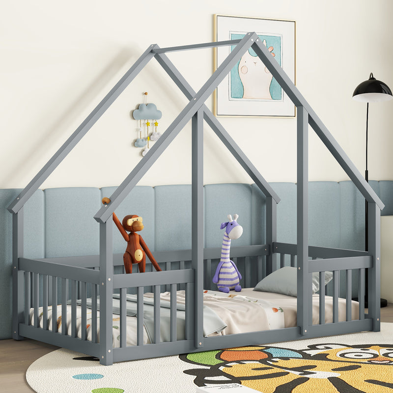 Twin Wood House-Shaped Floor Bed with Fence, Guardrails, Grey