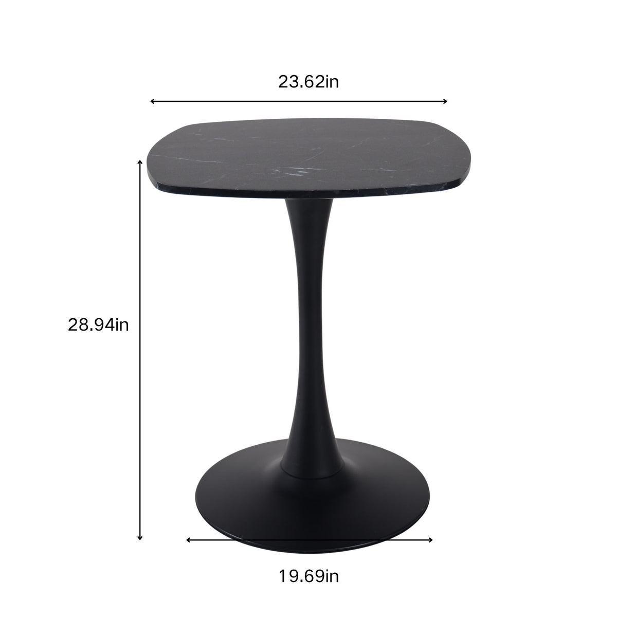 Black rounded-square tabletop and pedestal base with size measurements shown