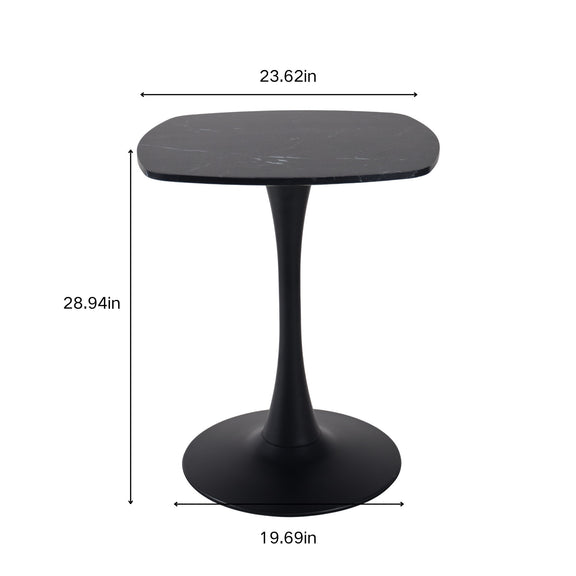 Black rounded-square tabletop and pedestal base with size measurements shown