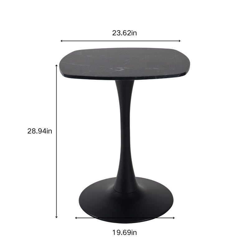 Black rounded-square tabletop and pedestal base with size measurements shown