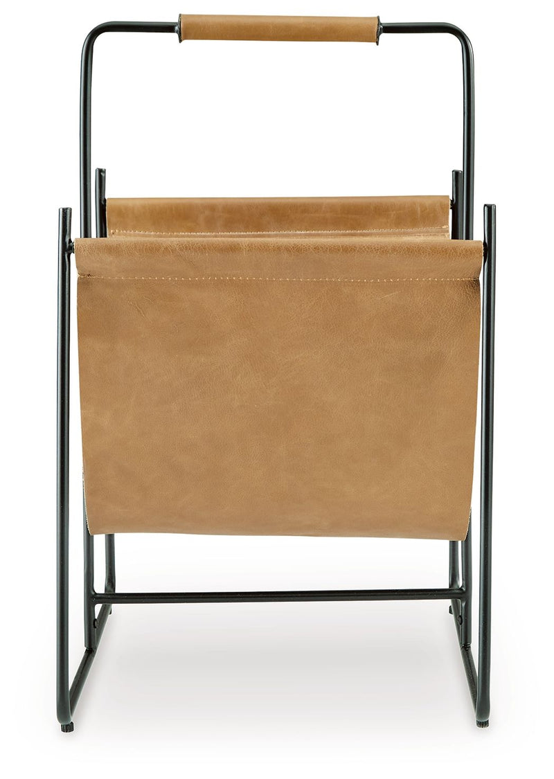Brown magazine rack with black metal sides and open front compartment