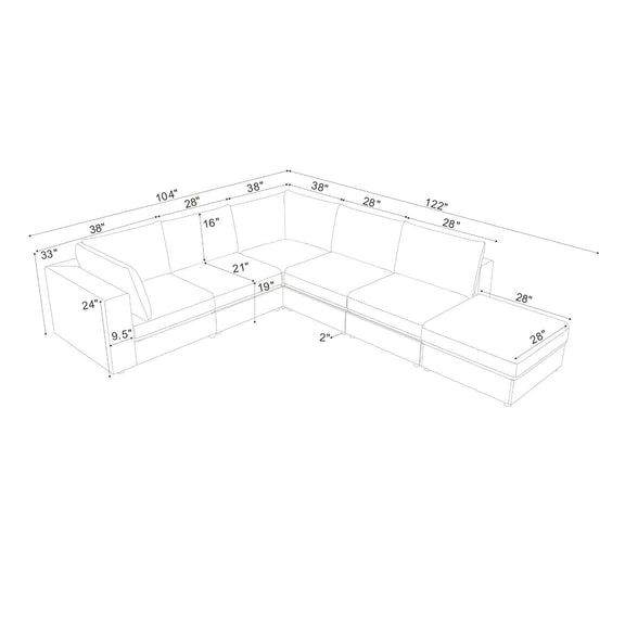 Reversible modular sectional sofa, corner layout dimension diagram with chaise