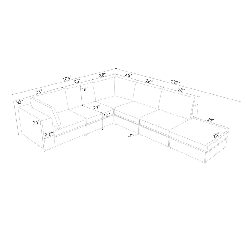 Reversible modular sectional sofa, corner layout dimension diagram with chaise