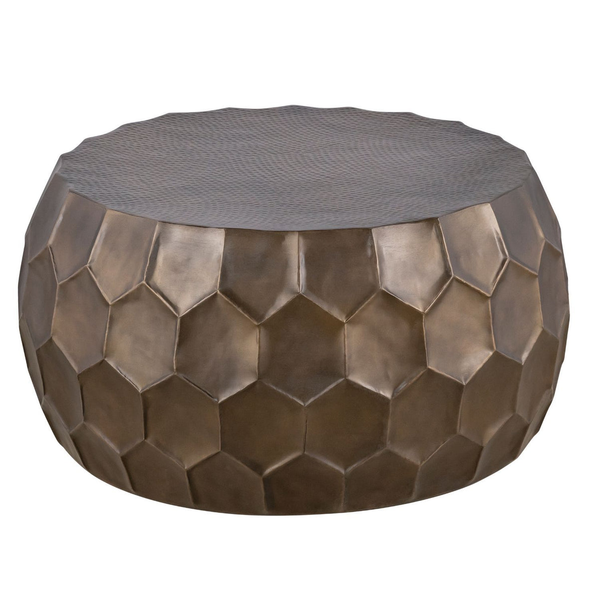 Round coffee table with bronze hex-pattern metal sides and gray fabric top