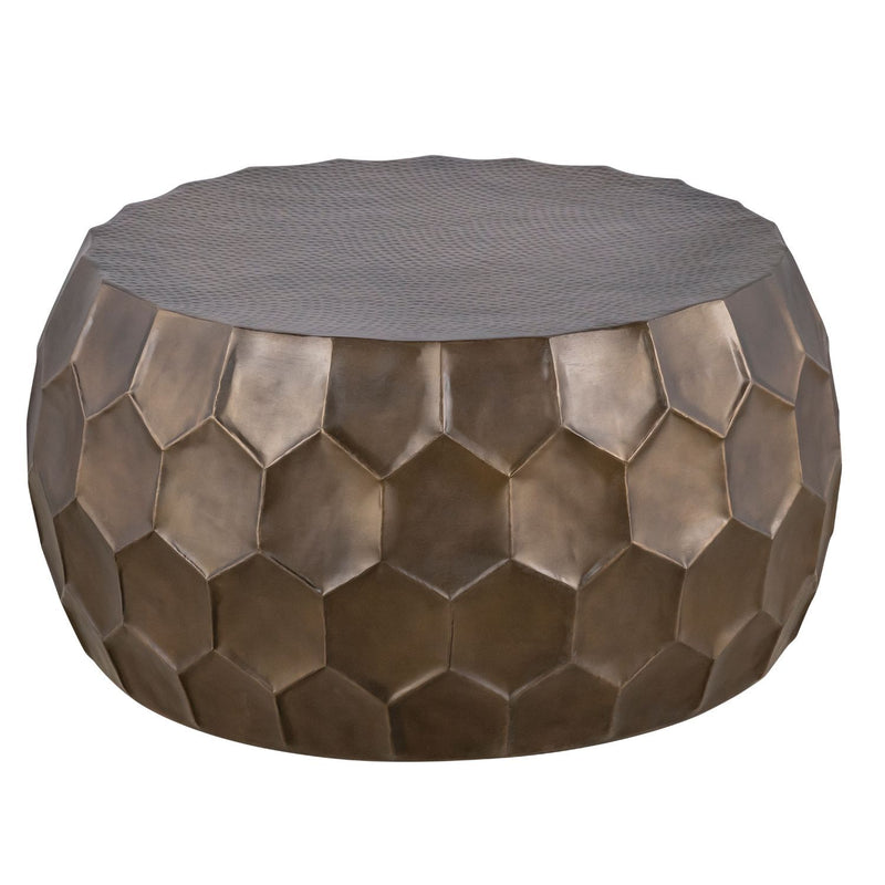 Round coffee table with bronze hex-pattern metal sides and gray fabric top