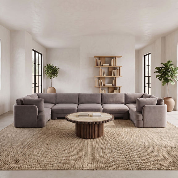 Gray velvet U-shaped sectional sofa with chaise-style end pieces, 7-piece set