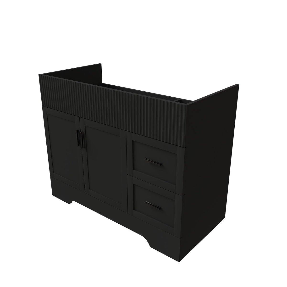 Black bathroom vanity with ribbed top, 2 doors and 2 drawers, bar pulls