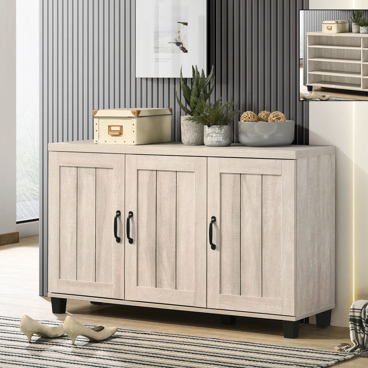 Corby - Oak Finish 3 - Door Shoe Cabinet - Dusty Gray