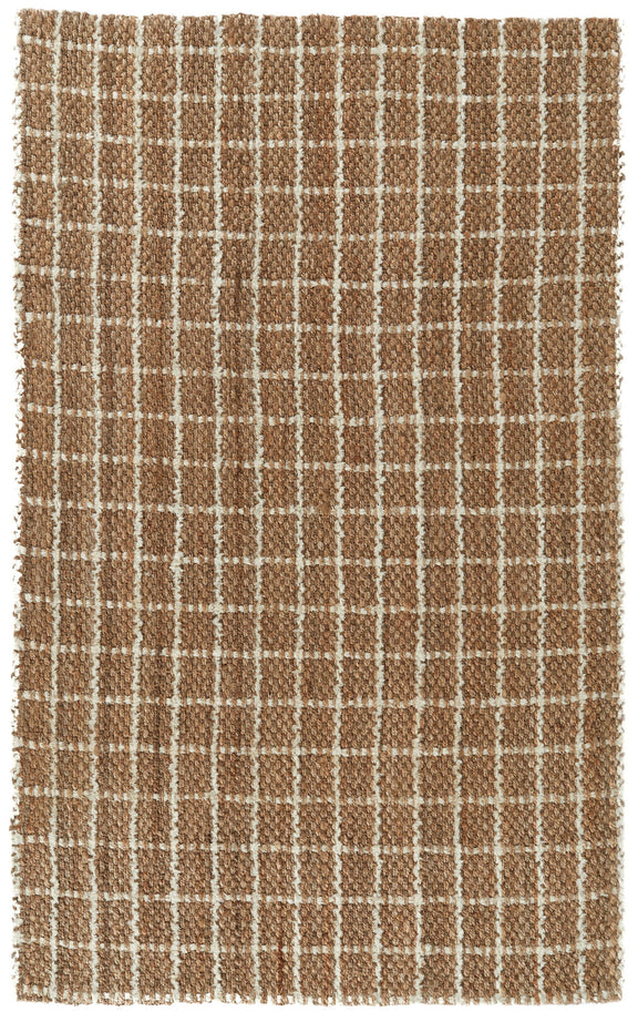 Chenille area rug featuring ivory and natural windowpane plaid, subtle raised chenille texture