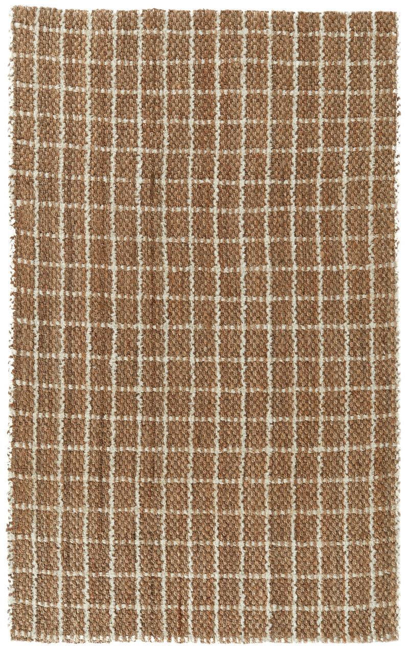 Chenille area rug featuring ivory and natural windowpane plaid, subtle raised chenille texture