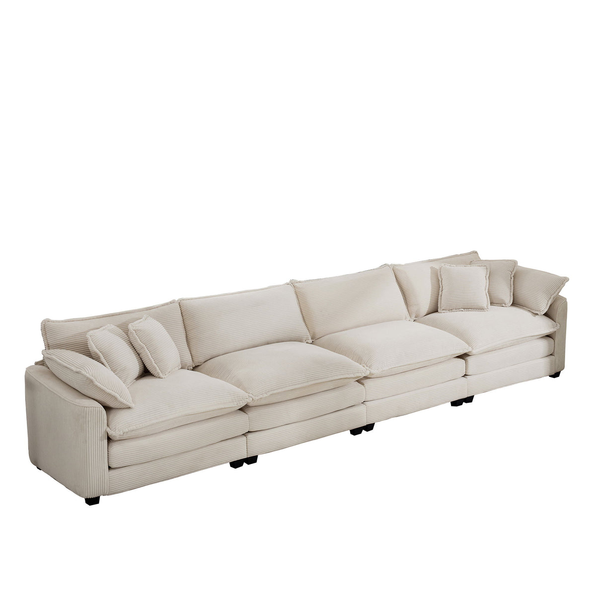 Upholstered 4-seat fabric sofa in light beige with armrests and throw pillows