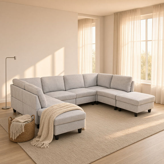 Light gray modular sectional sofa with U-shaped chaise and ottoman-style seat cushions