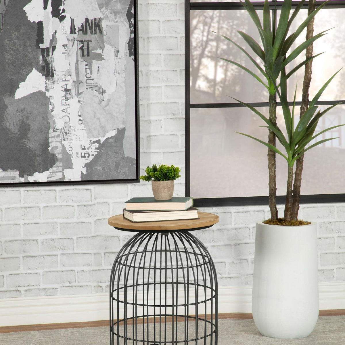 Bernardo Round Wire Frame Side Table Natural and Gunmetal