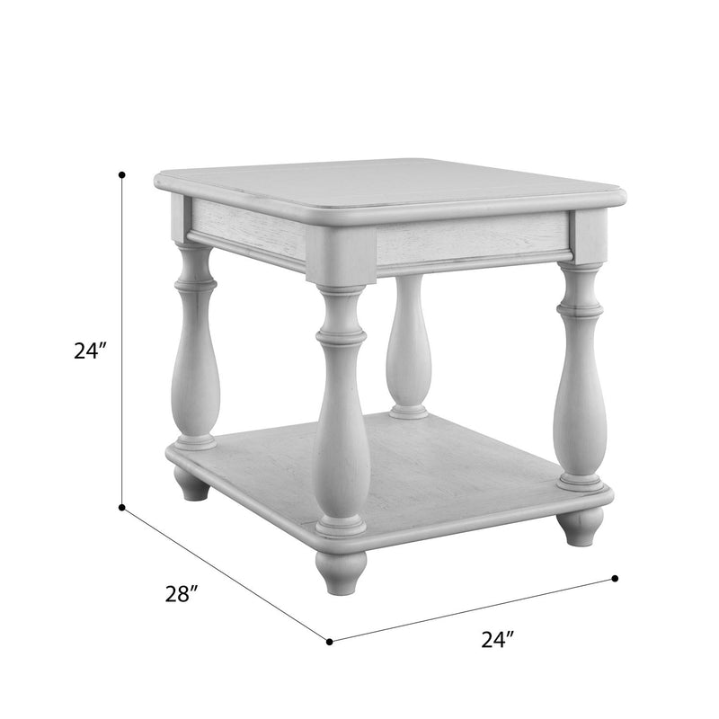 Gray square end table, 24 in H, 28 in W, 24 in D, two-tier shelves