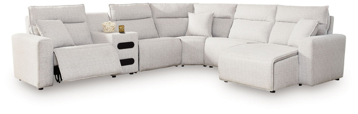 Light gray reclining sectional sofa with chaise seating and padded side panels