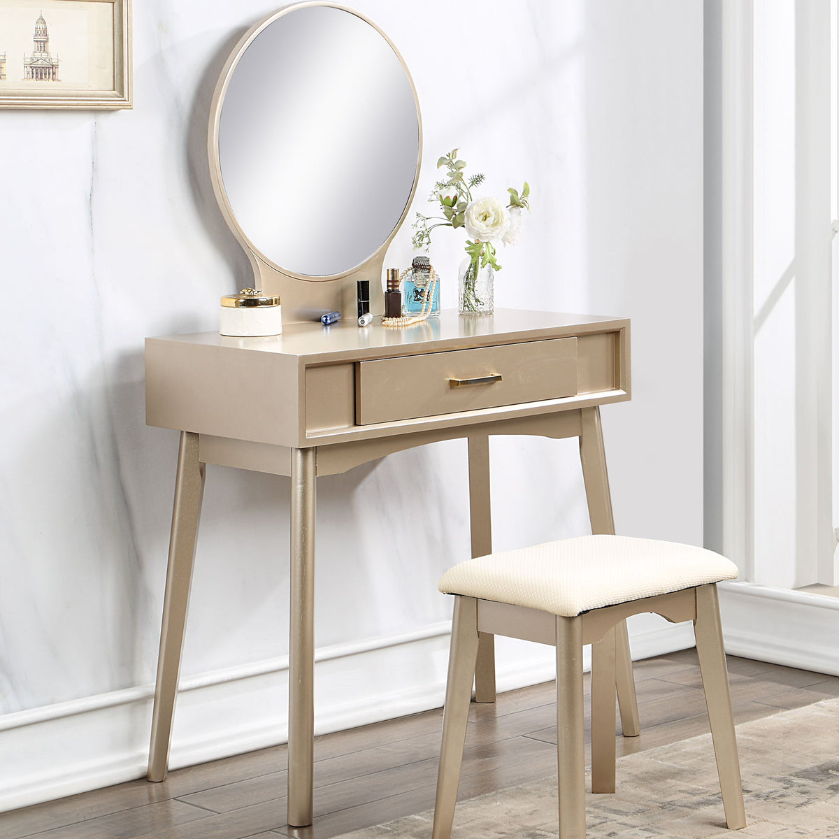 Maly - Contemporary Wood Vanity And Stool Set - Gold