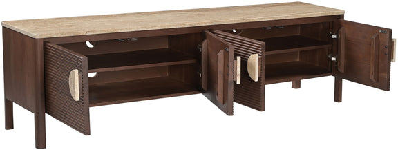 Varenna 69-inch media console open side with two interior compartments, dark brown acacia and marble top