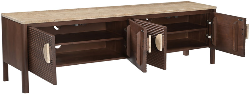 Varenna 69-inch media console open side with two interior compartments, dark brown acacia and marble top