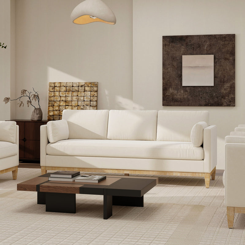 Modern farmhouse sofa in white fabric with rolled arms and three-seat cushions