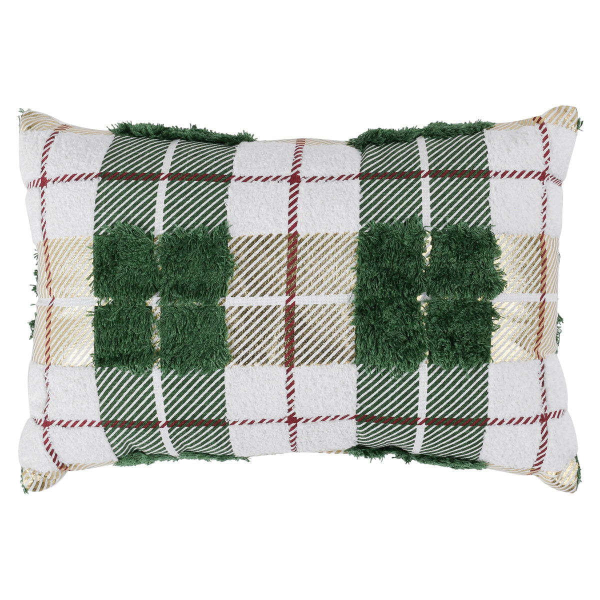 Rectangular green plaid textured pillow front with red-and-white checks and fuzzy trim