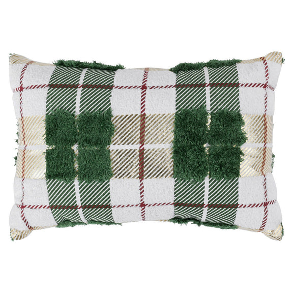 Rectangular green plaid textured pillow front with red-and-white checks and fuzzy trim