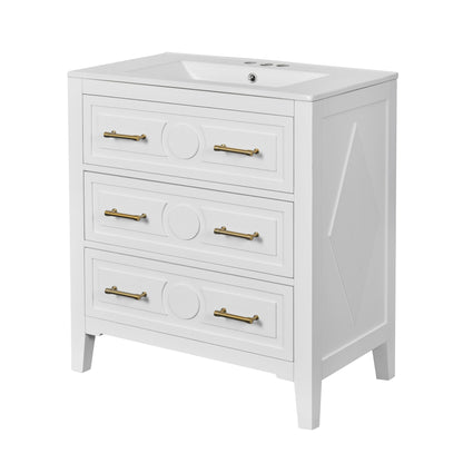 Retro bathroom vanity with sink combo, white cabinet with 3 drawers and gold-tone pulls