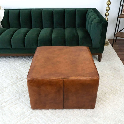 Mallory - Mid-Century Square Genuine Leather Upholstered Ottoman - Antique Brown / Tan