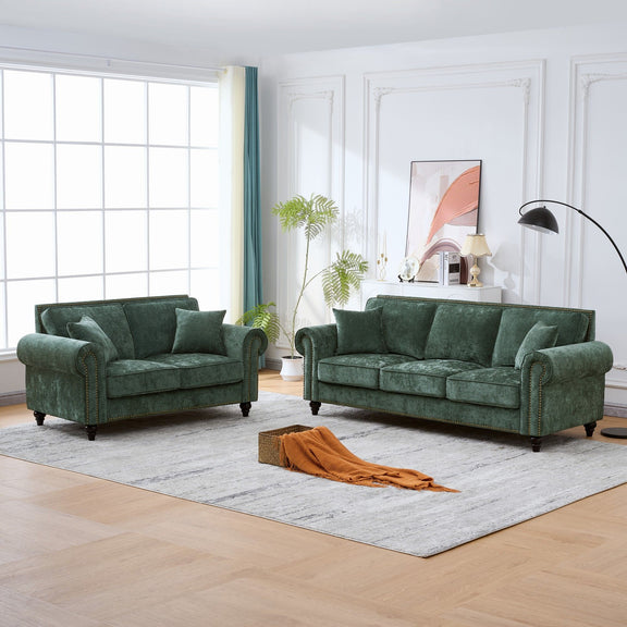 Dark green tufted sofa set with rolled arms, 3-seat and 2-seat arrangement