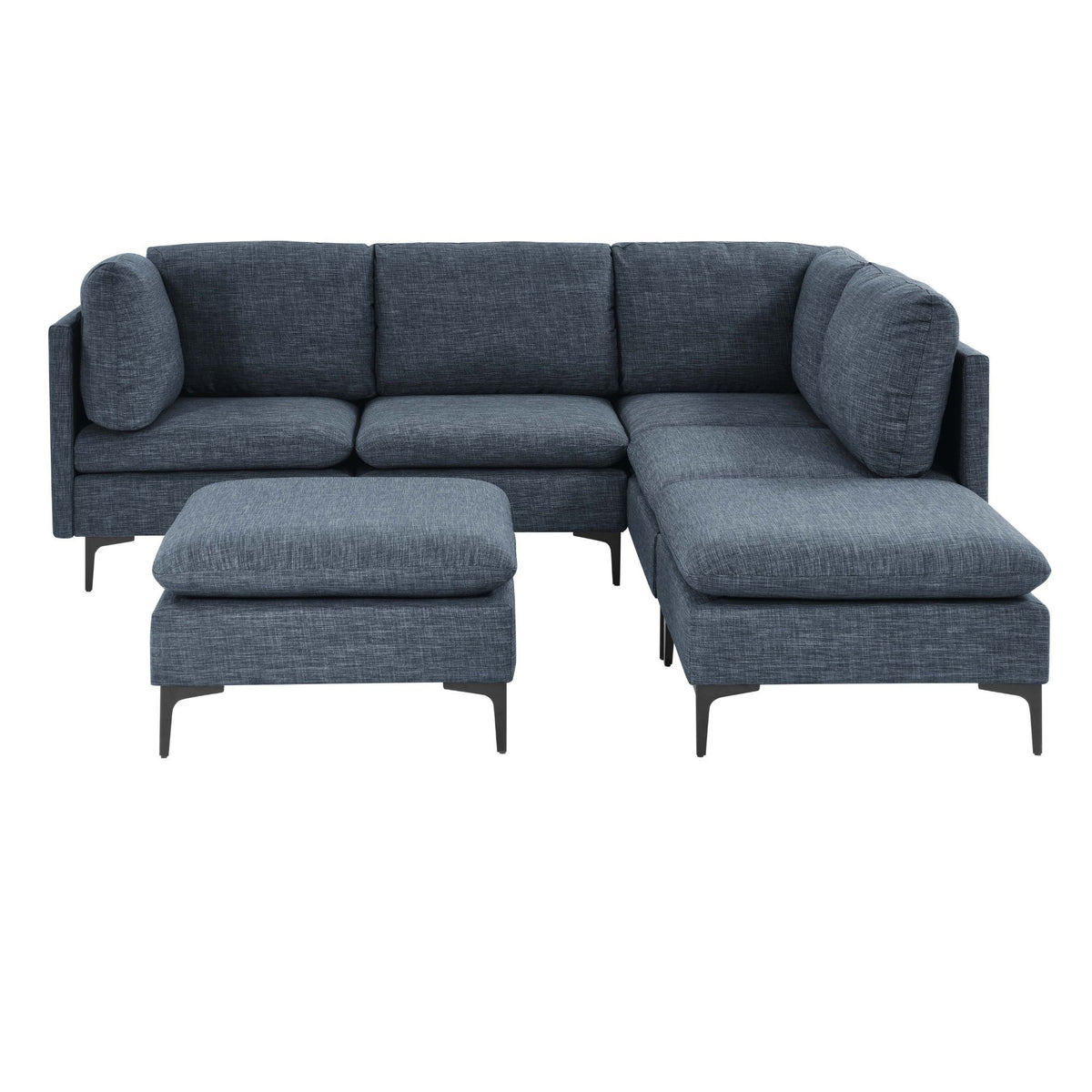 Dark gray upholstered modular sectional with ottoman and chaise extensions on tall legs