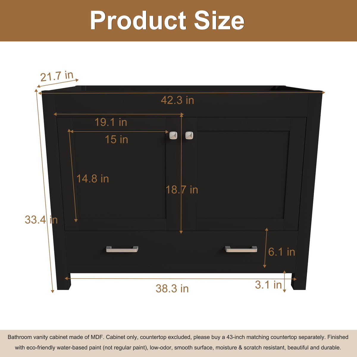 Black bathroom vanity cabinet size diagram with two-door doors and two-drawer layout
