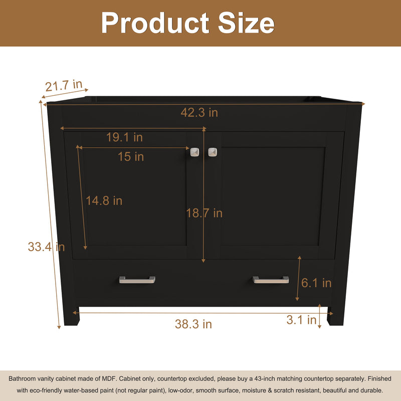 Black bathroom vanity cabinet size diagram with two-door doors and two-drawer layout