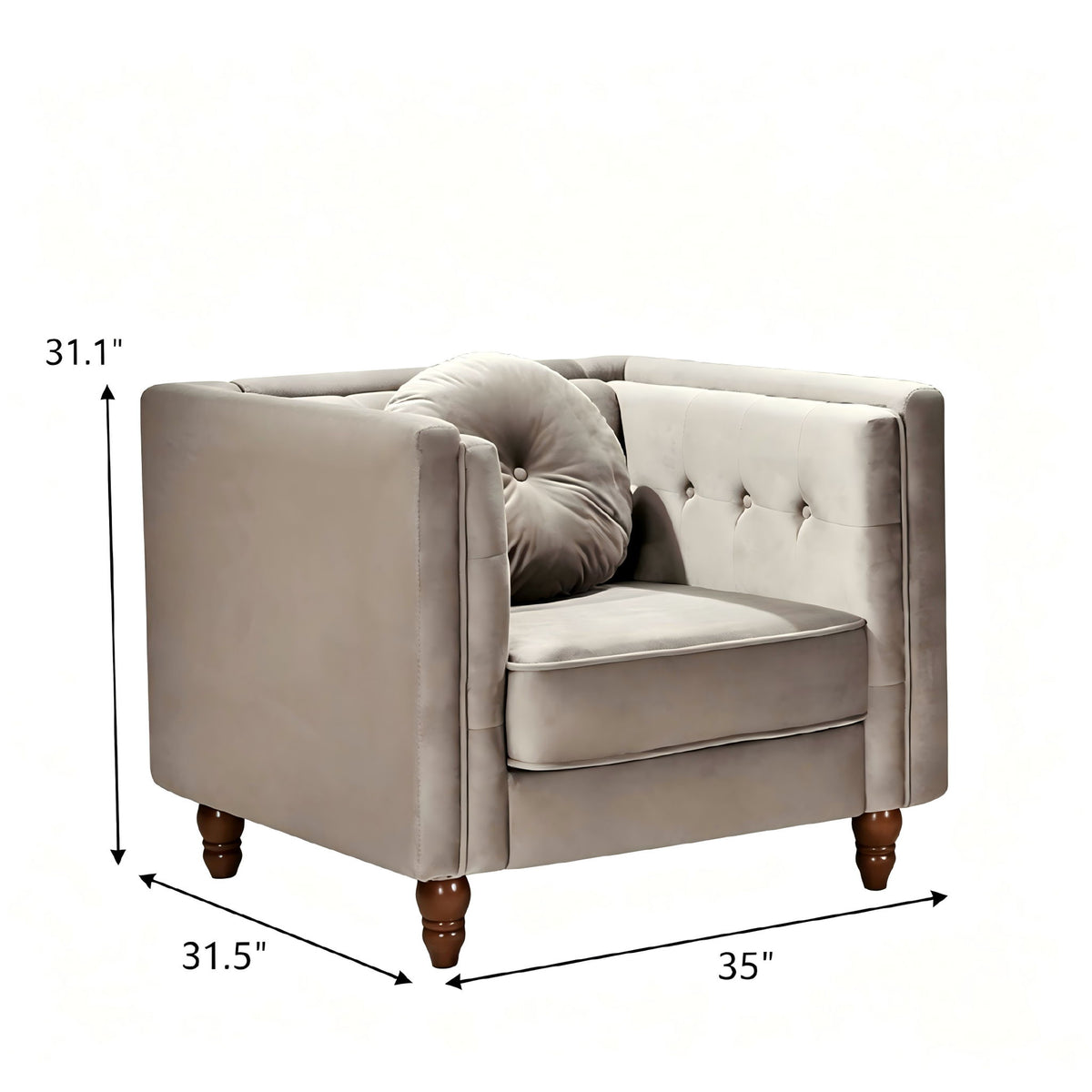 Light beige tufted accent side chair with square arms and cushioned seat