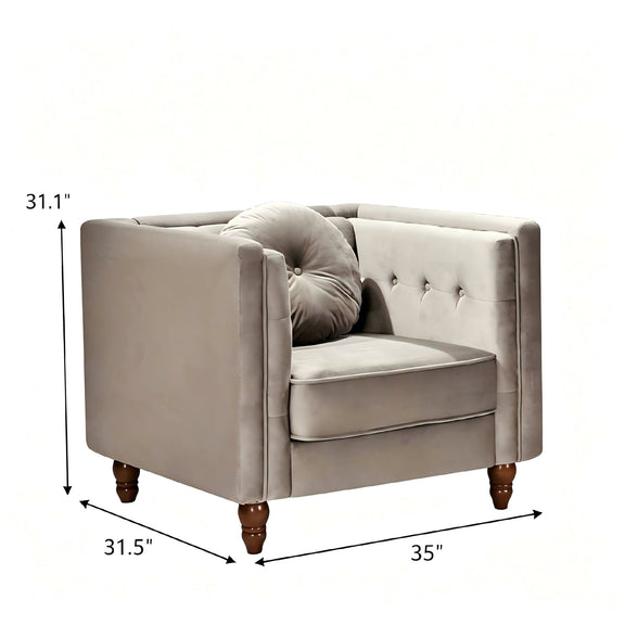 Light beige tufted accent side chair with square arms and cushioned seat