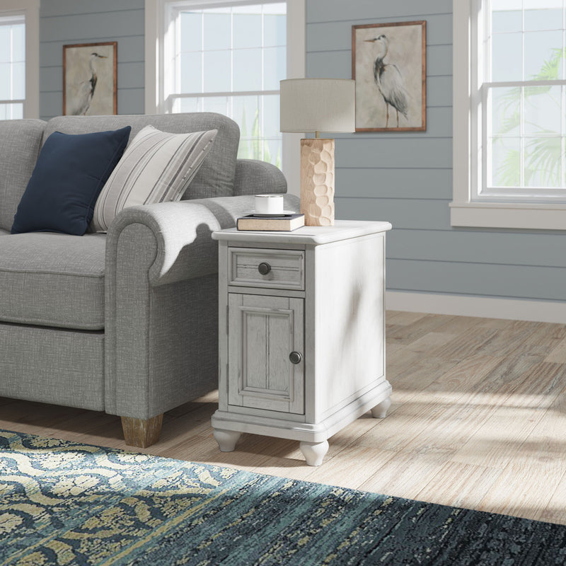 Gray chairside side table with drawer, door cabinet, and square tapered legs