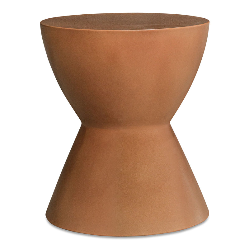 Terracotta hourglass outdoor stool with a smooth, sculptural base
